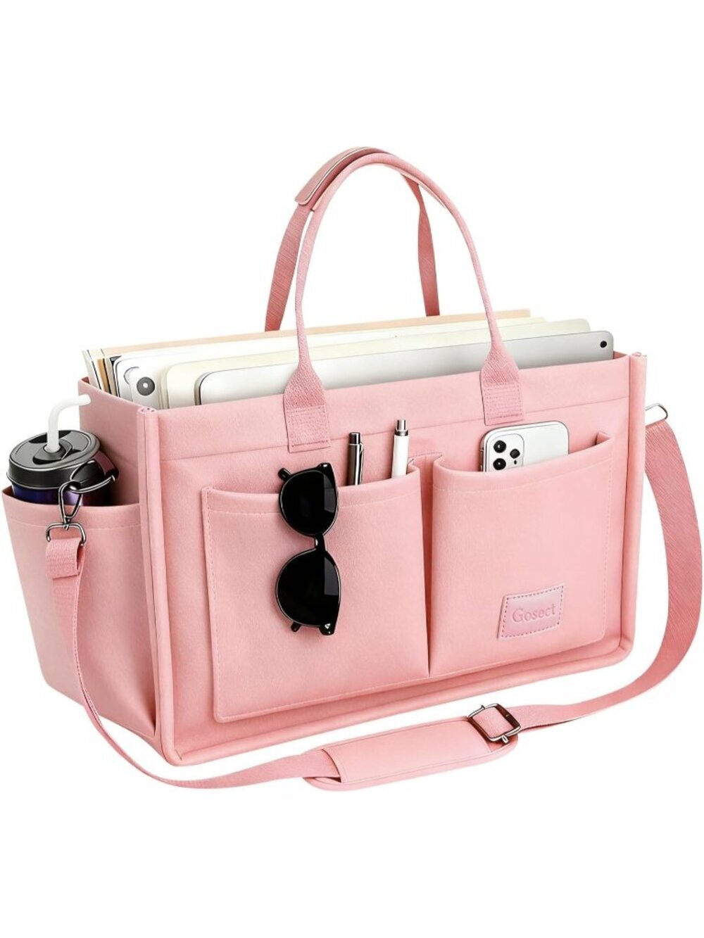 Women Pink Crossbody Tote Bag Pockets Laptop Work Shoulder Bag